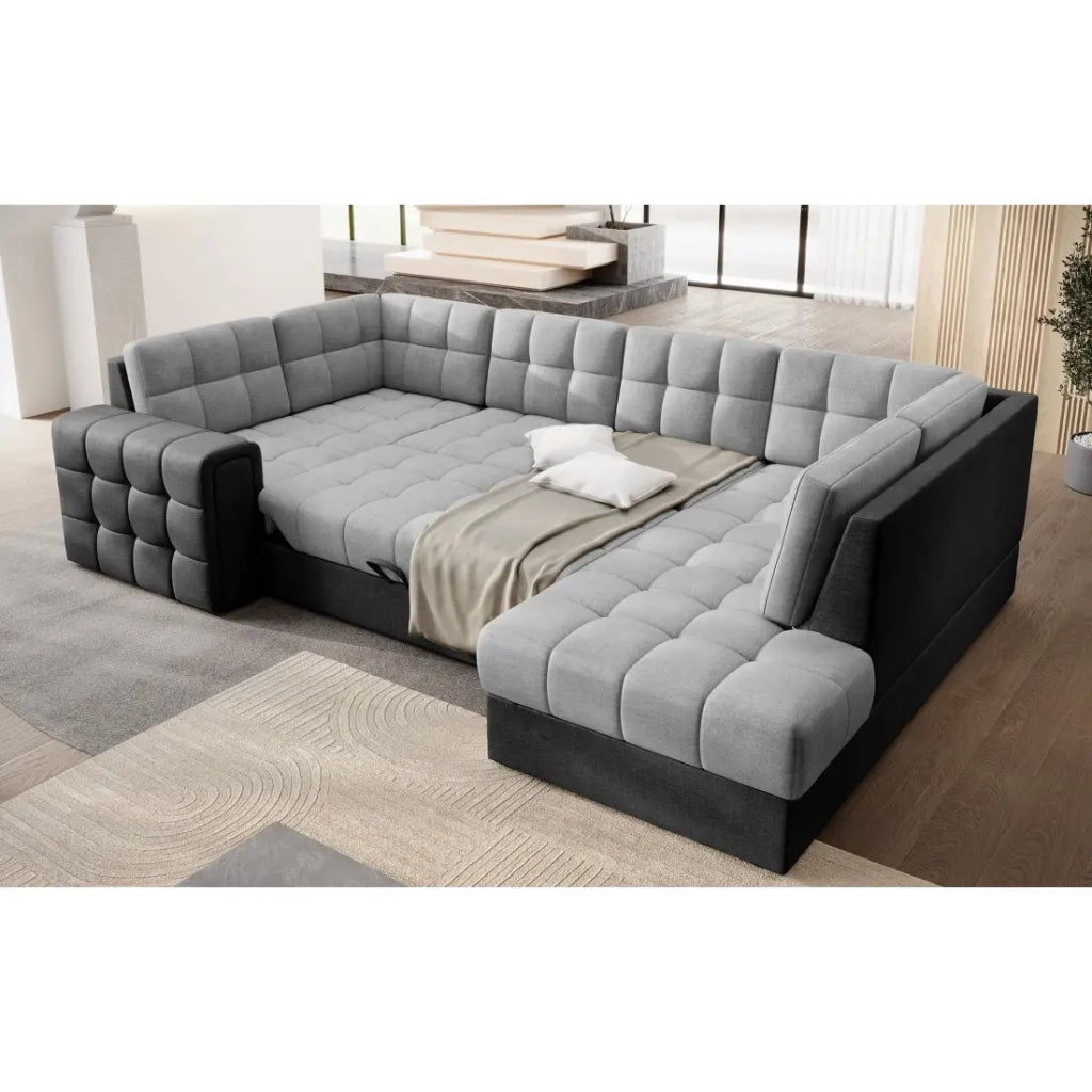 Divano angolare trasformabile MONTEZA nero e grigio 299 cm con vano contenitore e letto