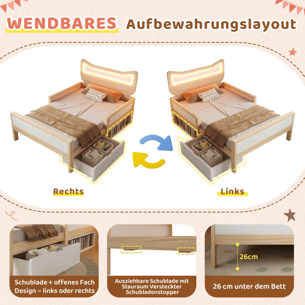 Letto per bambini 140 x 200 cm con testiera a gatto e LED RGB