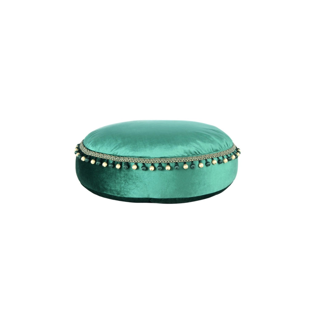 Pouf Rotondo Taj Mahal in Velluto Verde con Pompom