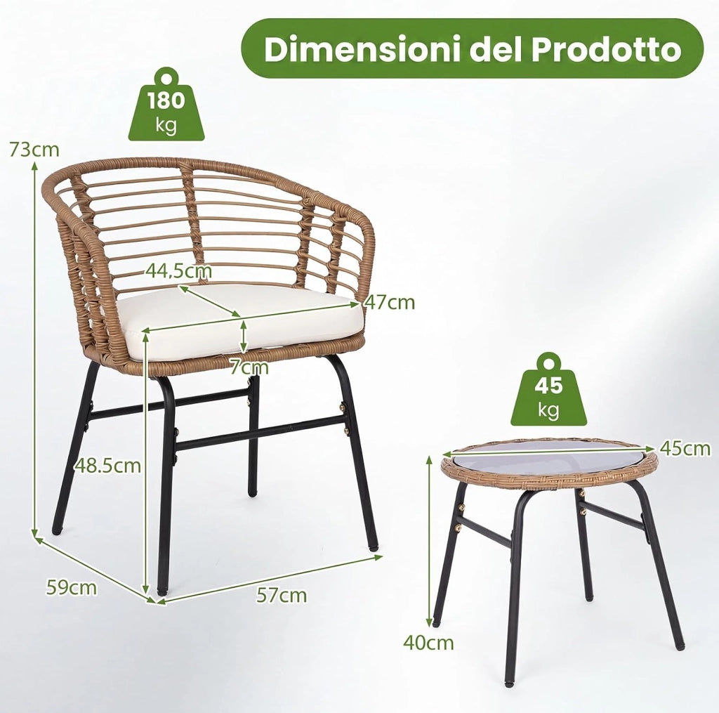 Salotto da Giardino per 2 Persone, Salottino in Rattan Include 2 Poltrone con Cuscini Imbottiti e Tavolino Rotondo con Piano in Vetro Temperato, Set da Esterno a 3 Pezzi per Balcone e Terrazza