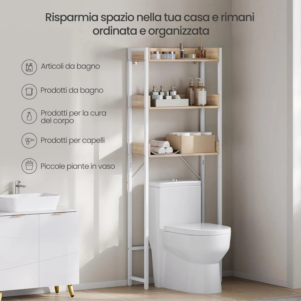 Mobiletto Bagno Salvaspazio, Scaffale Lavatrice con 3 Ripiani, per Lavanderia, Bagno, Soggiorno, Balcone, Legno e Metallo, Rovere Chiaro+Bianco, 63x25x166,5 cm