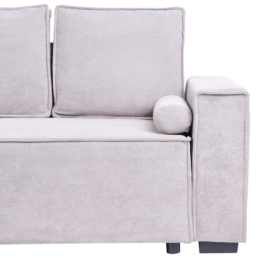 Divano letto angolare a 3 posti con rivestimento in tessuto grigio lato destro con braccioli contenitore reversibile stile moderno soggiorno