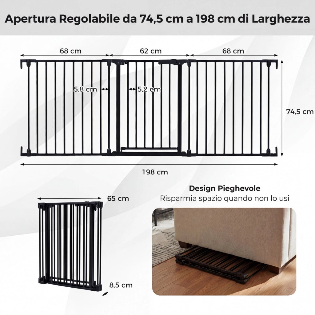 Cancello per bambini per scale e porte in metallo a 3 pannelli, Cancello di sicurezza per animali con montaggio a parete e doppia chiusura Nero