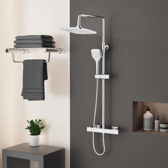 Set di docce termostatiche con 3 funzioni - doccia manuale - set di tubi doccia regolabile - doccia soffitto a 20 cm - forma quadrata - finitura cromata