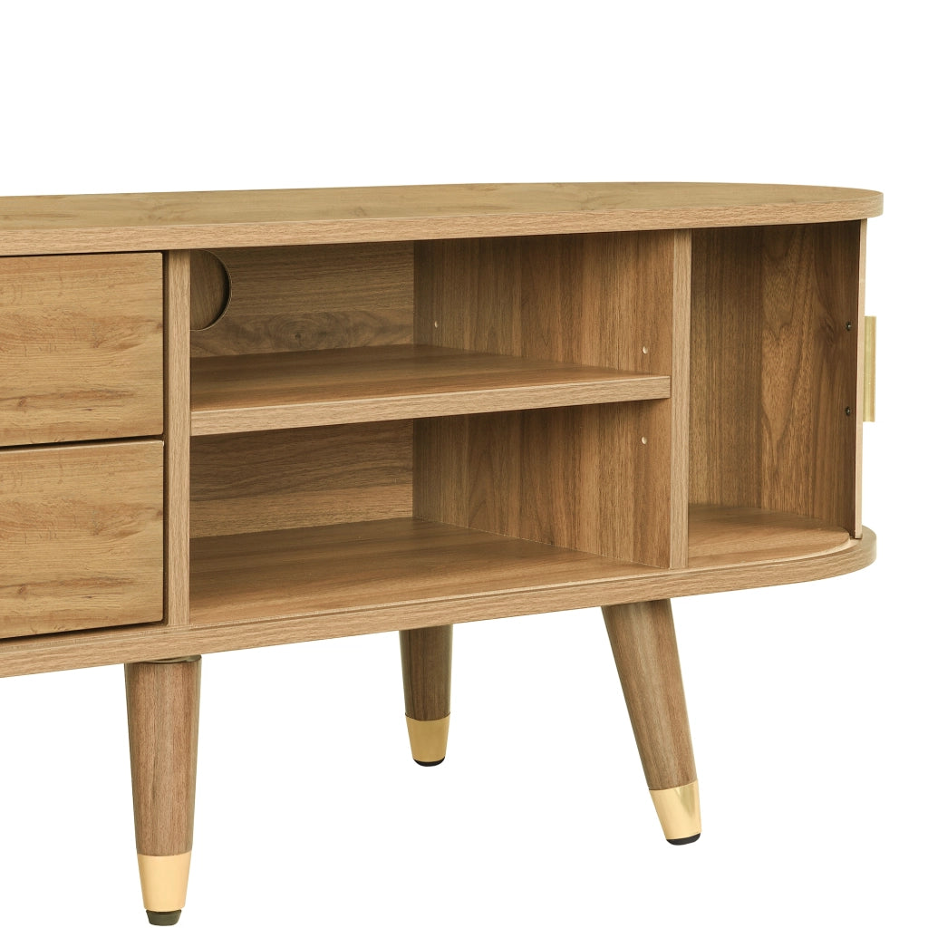 OKWISH Mobile TV con Ante Scorrevoli, 2 Cassetti e Vani Aperti, Passacavi, Stile Naturale, 175×38×45 cm