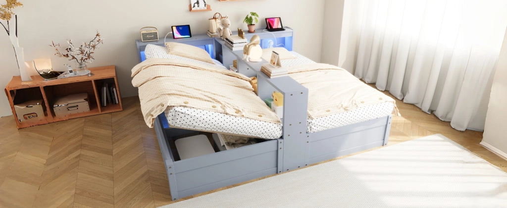 DESMIU Letto estraibile 90/180 × 200 cm 2 posti con prese, LED e contenitori, senza materasso, in MDF, grigio