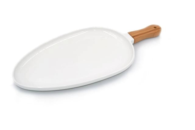 Paletta Vassoio in Porcellana Ovale con Manico in Legno 30 cm