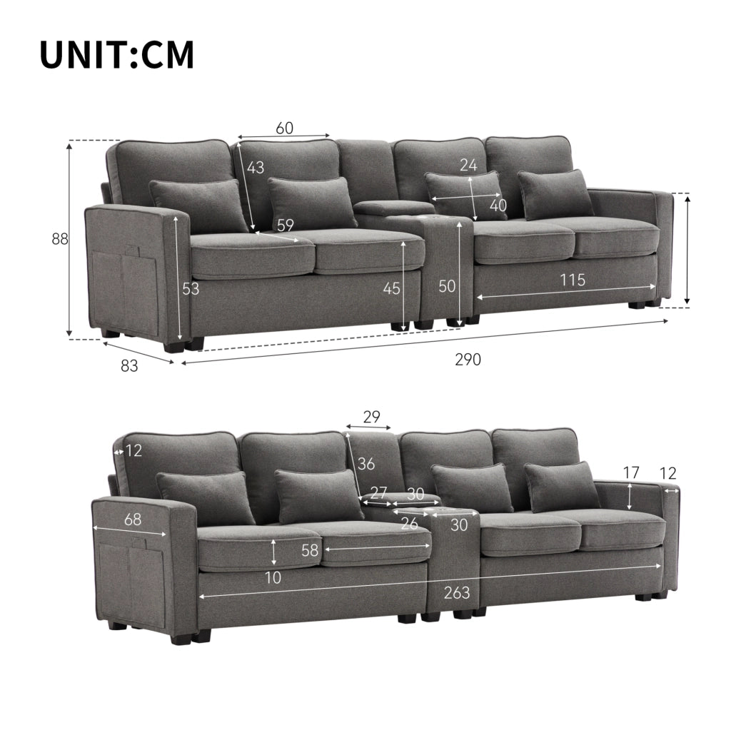 Divano 4 posti con console; 2 portabicchieri e USB; 290 × 83 × 88 cm; effetto lino grigio scuro