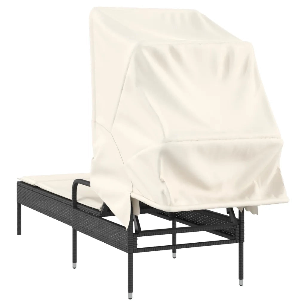 Lettino Prendisole | Sdraio da giardino | Lettino da sole con Baldacchino Nero in Polyrattan