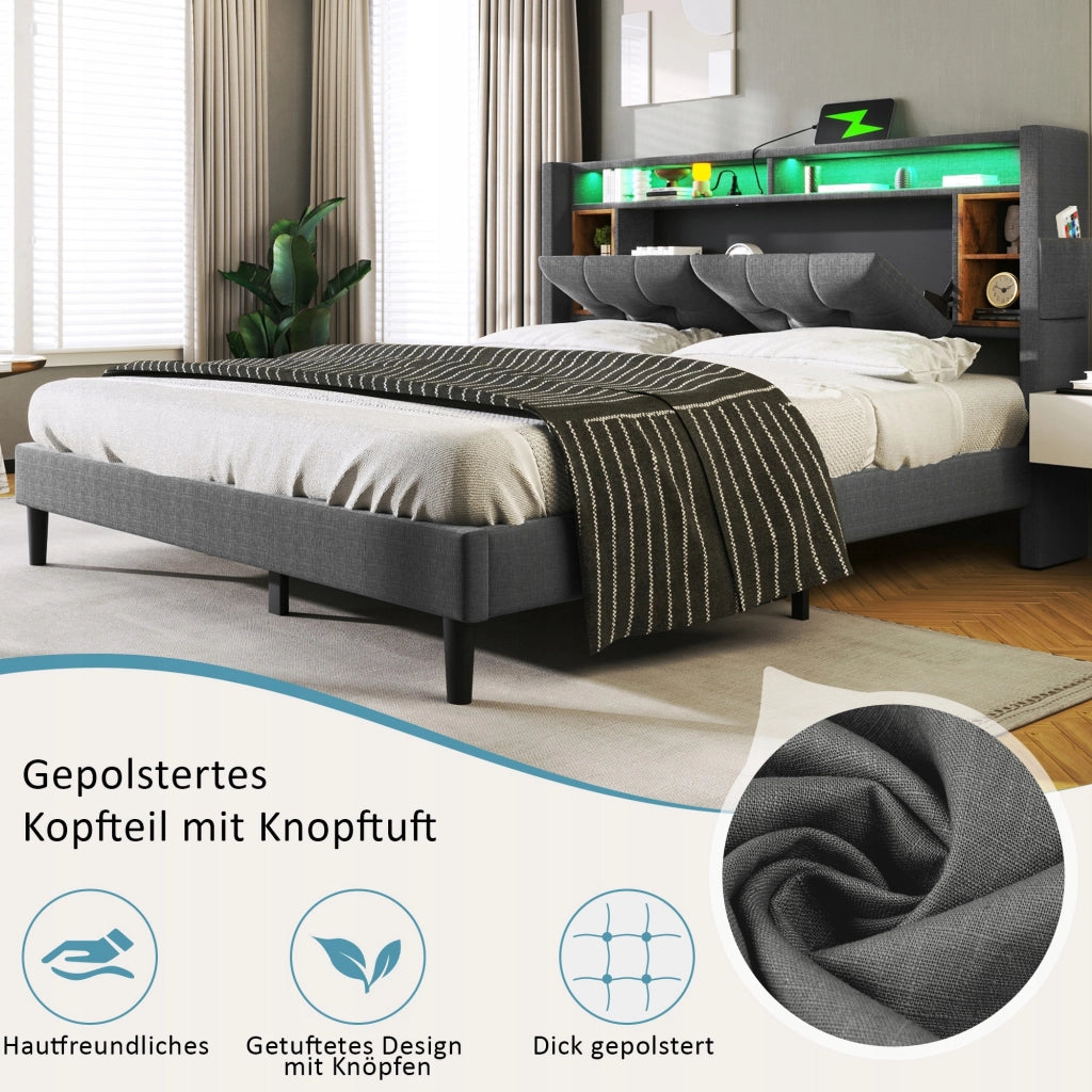 Letto imbottito 160x200 grigio - Xylo - con USB e LED
