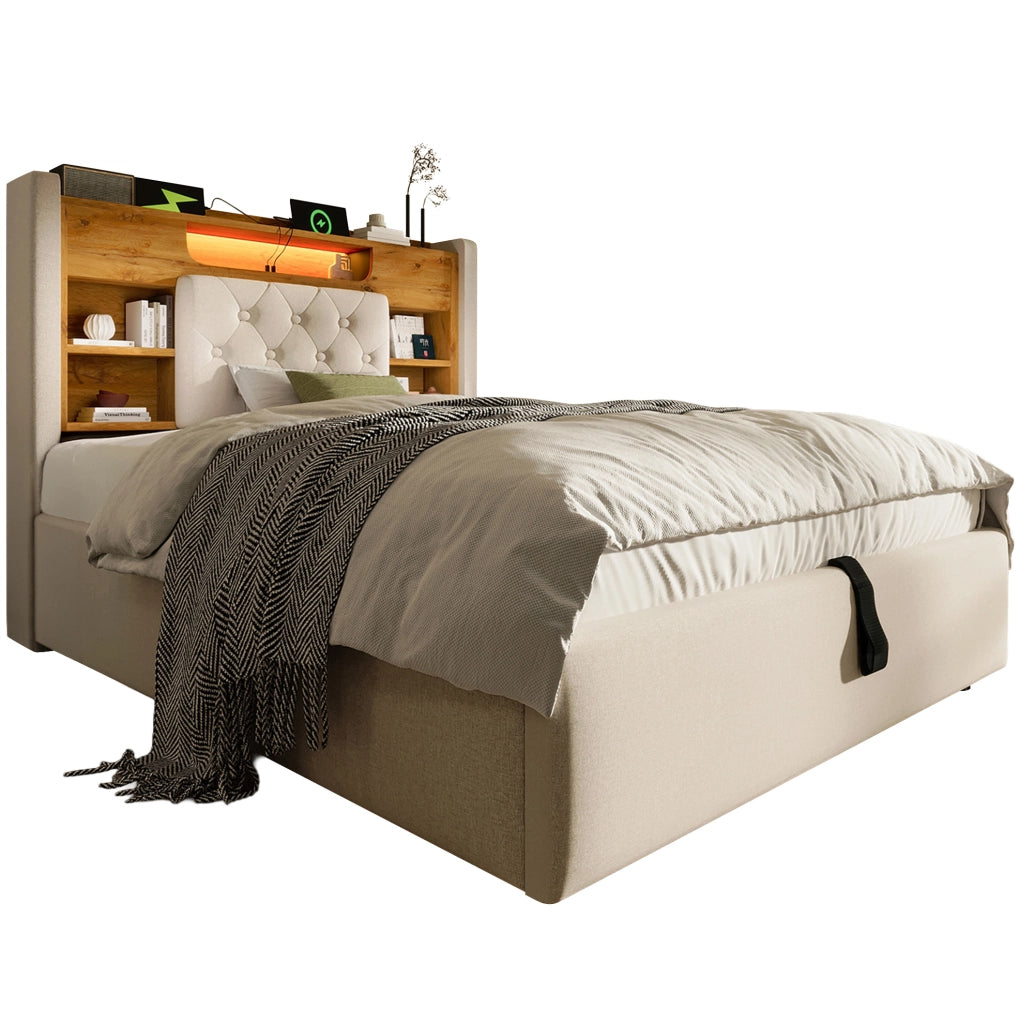 Letto matrimoniale 90x200 cm con contenitore idraulico; LED e porte USB; in lino beige
