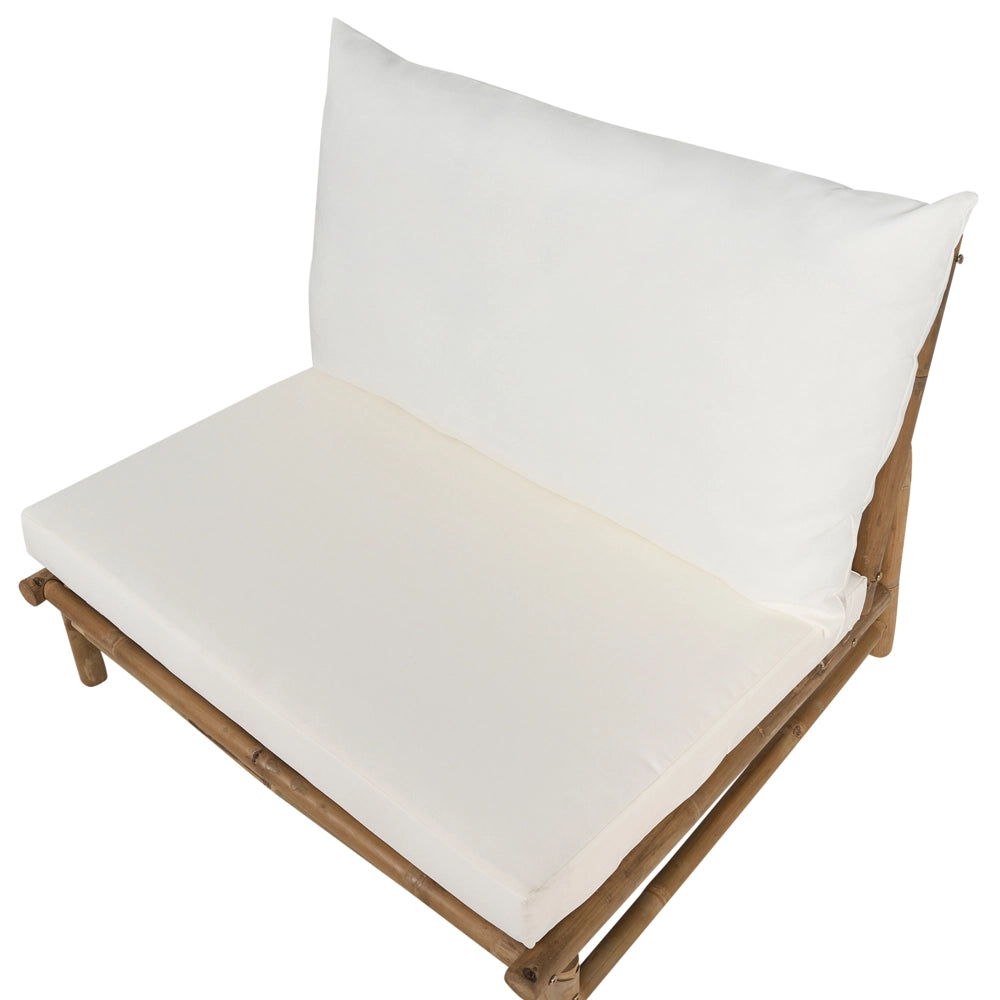 Set di 2 sedie e tavolino da caffè in legno di bambù con cuscini bianco sporco stile moderno rustico