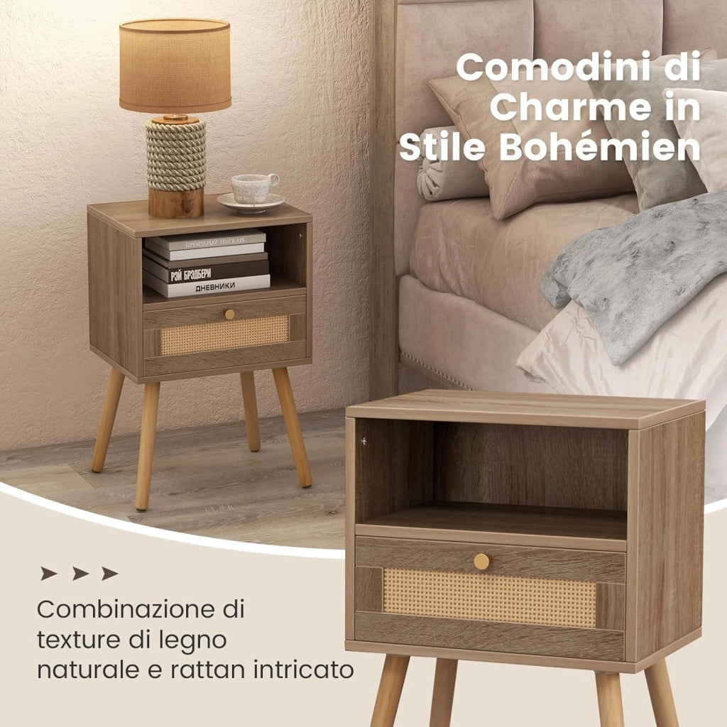 Set di 2 Comodini in Rattan, Comodini con Cassetto e Gmabe in legno, 2 Pezzi Comodini in Stile Boho con Vano Aperto, Tavolino Laterale per Camera da Letto, Soggiorno