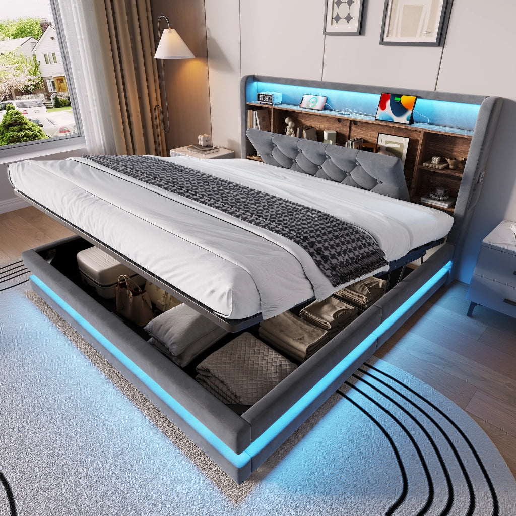 LETTO Contenitore 140x200 cm in velluto grigio con testiera multifunzione