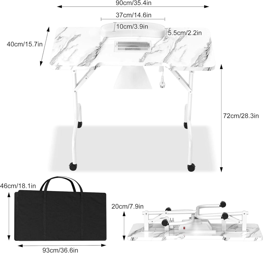 Tavolo da manicure FIVMEN con aspirazione Pieghevole Tavolo per manicure Tavolo per manicure per studio di unghie con aspirazione della polvere e 4 ruote per saloni di bellezza, bianco