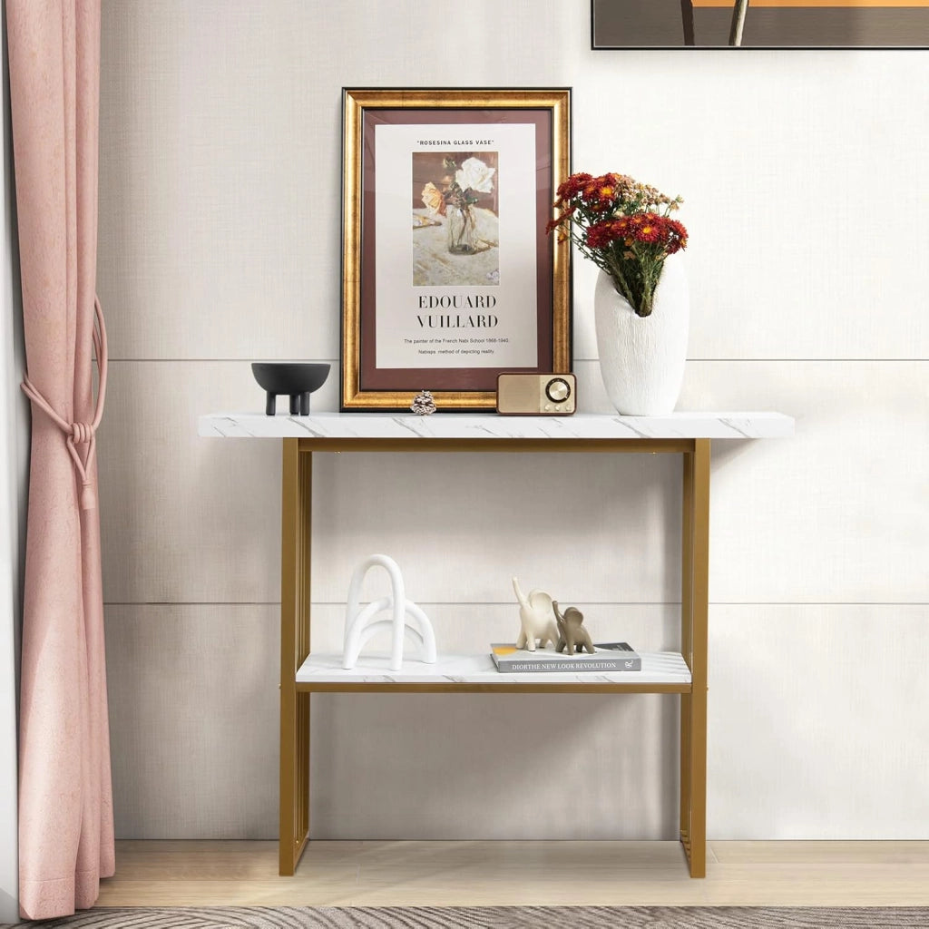 Tavolo Consolle da Divano in Acciaio con Motivo a Forma di Marmo, Tavolo da Ingresso con 2 Ripiani, Salvaspazio e Superficie Liscia per Soggiorno, Salotto, Ingresso, 120 x 29,5 x 93 cm