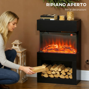 Camino Elettrico da Pavimento con Effetto Fiamma 3D Colorata 1000W/2000W con Temperatura Regolabile e Telecomando Nero