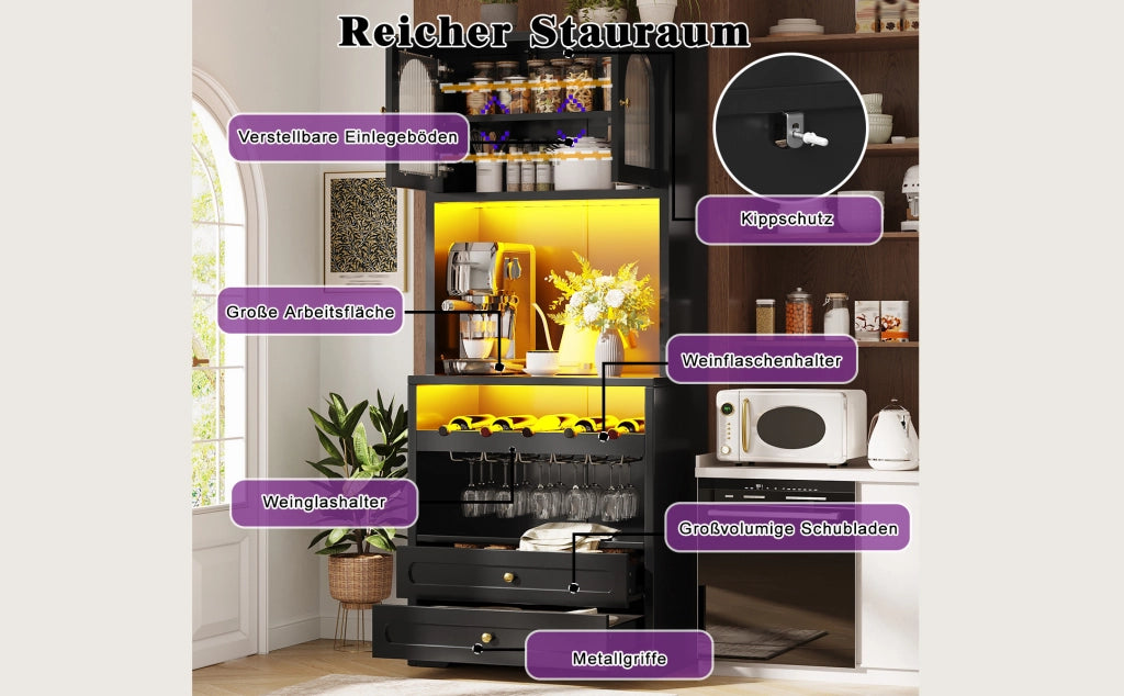 Credenza alta nera con LED smart, portabottiglie e USB