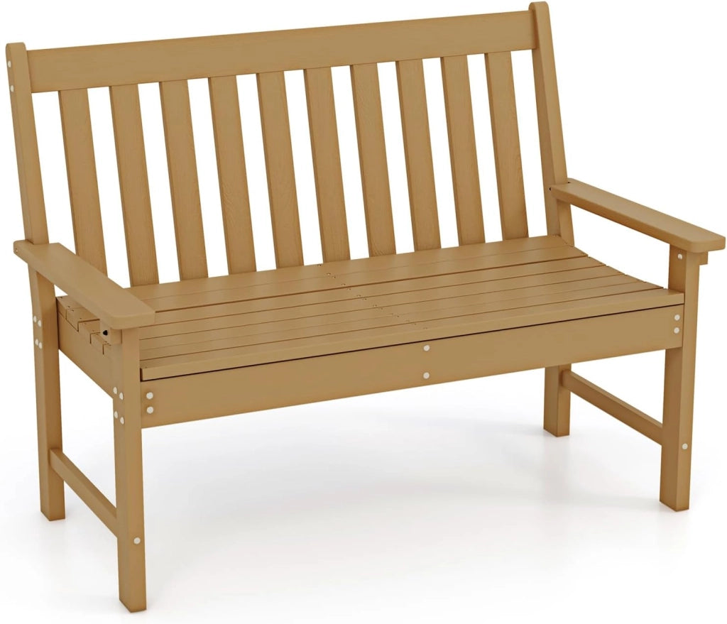 Panchina da Esterno, Panca da Giardino in HDPE Resistente con Schienale e Braccioli, Panchina da Parco, Balcone, Spogliatoio e Cortile, 132 x 65 x 91 cm (Naturale)