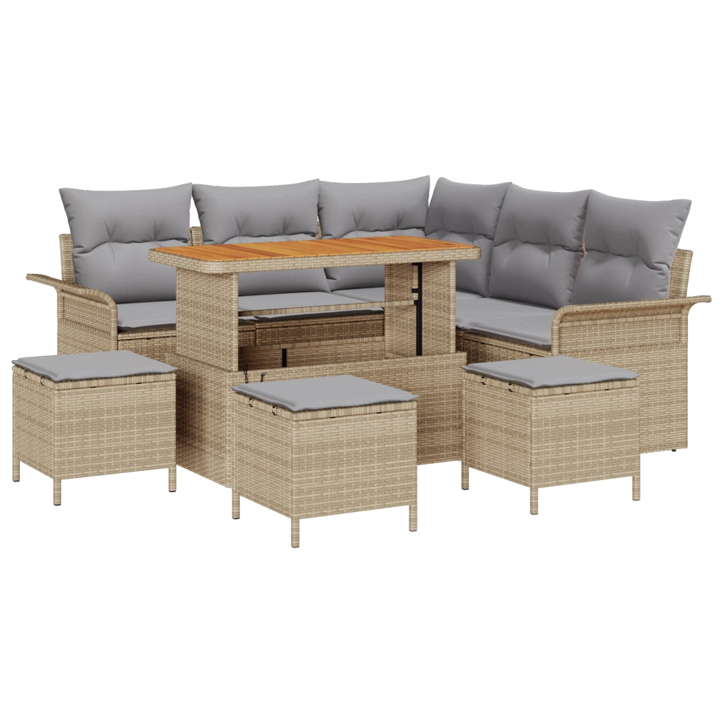 Set Divani Giardino a 9 Pezzi con Cuscini Beige in Rattan Polimerico Acacia