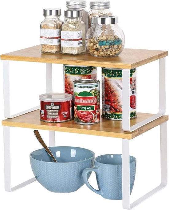 Set di 2 Organizzatori di Cucina Estensibili - Raccogliere Spezie e Ripostiglio per Cucina e Lavabo - Bianco e Colori Naturali