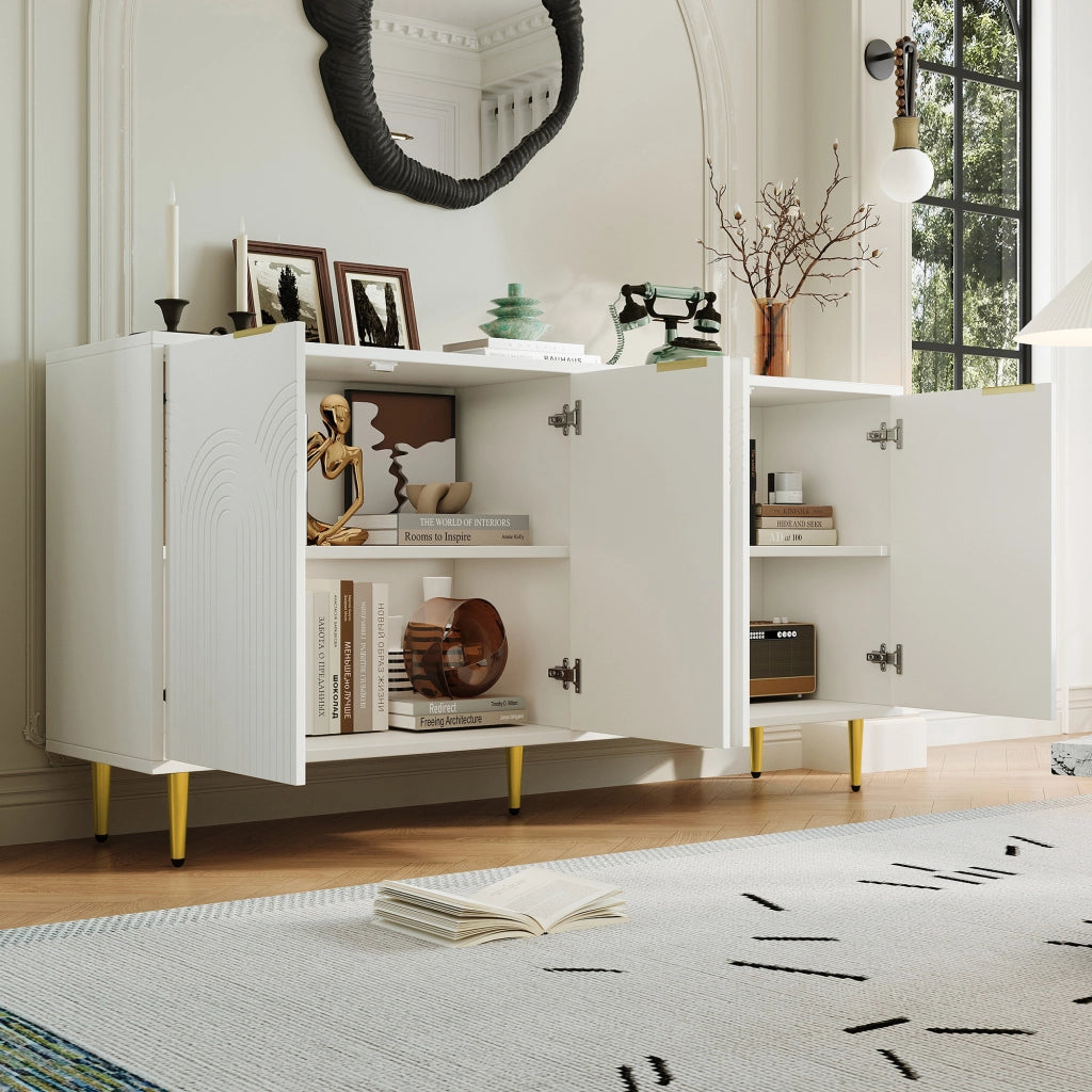 Credenza soggiorno bianca 4 ante con maniglie e dettagli oro, 160x40x80 cm, ripiani regolabili