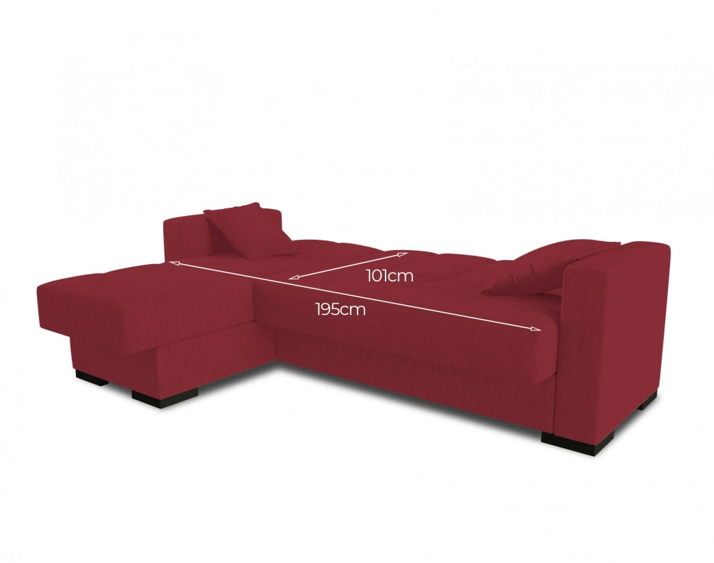 Divano letto Armadillo, Divano letto ad angolo con penisola reversibile, Sofà\  contenitore da soggiorno con chaislongue e 2 cuscini, Cm 230x150h81, Rosso
