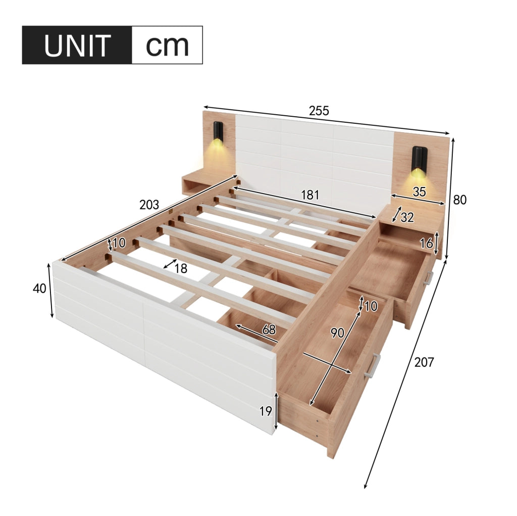 Letto matrimoniale 180x200 cm con LED lettura USB e cassetti