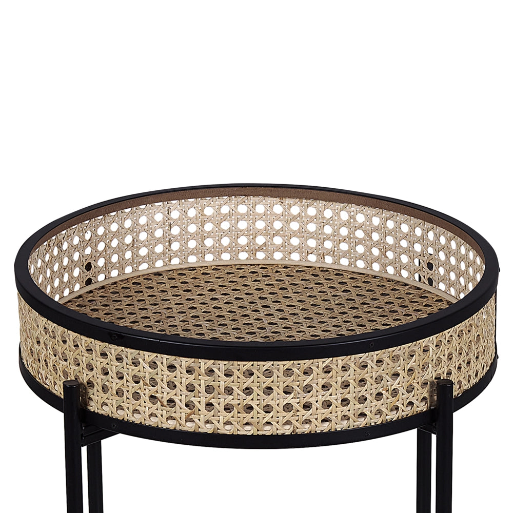 Tavolino in metallo Nero gambe pieghevoli in rattan chiaro piano staccabile rotondo Boho