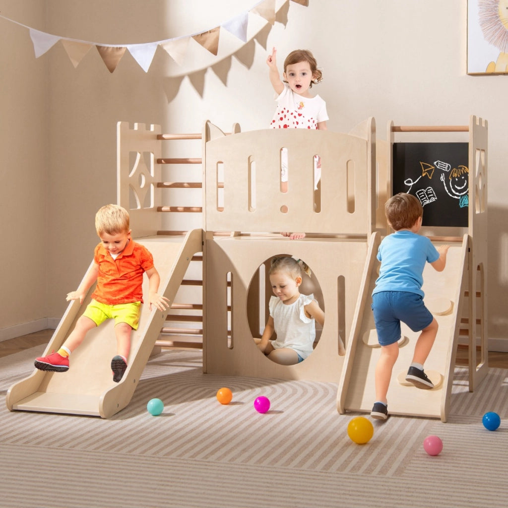 Parco giochi in legno a tema castello con scivolo e fori per strisciare, Scivolo per bambini 8-in-1 con nascondigli Naturale-Arrampicate e scivoli