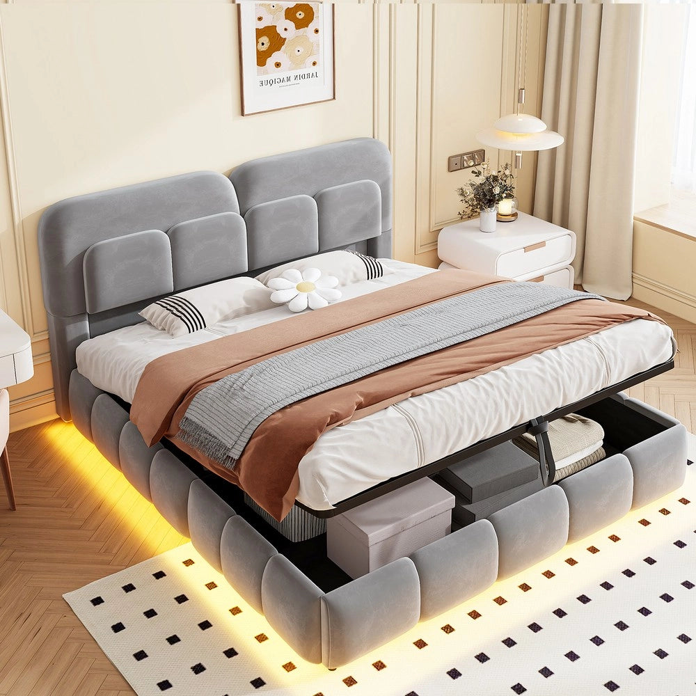 Letto imbottito 140x200 cm contenitore ¨C Minimal ¨C grigio velluto con led