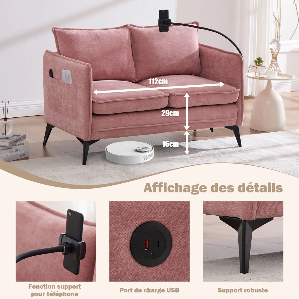 OKWISH Divano 2 Posti con Supporto Regolabile per Telefono e Tasche Laterali, Ciniglia Rosa, 127 x 69 x 66 cm