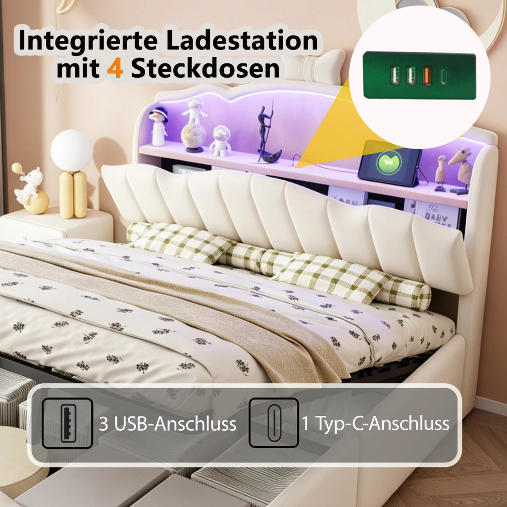 LETTO 140x200 cm imbottito in velluto beige con LED, USB, USB-C e vano contenitore