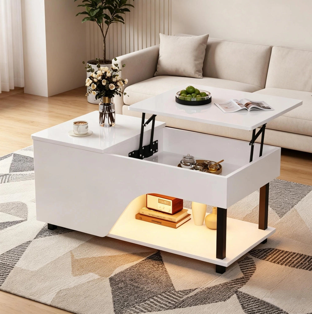 Tavolino da salotto 50x100x46 cm; altezza regolabile con vano nascosto; truciolato; bianco