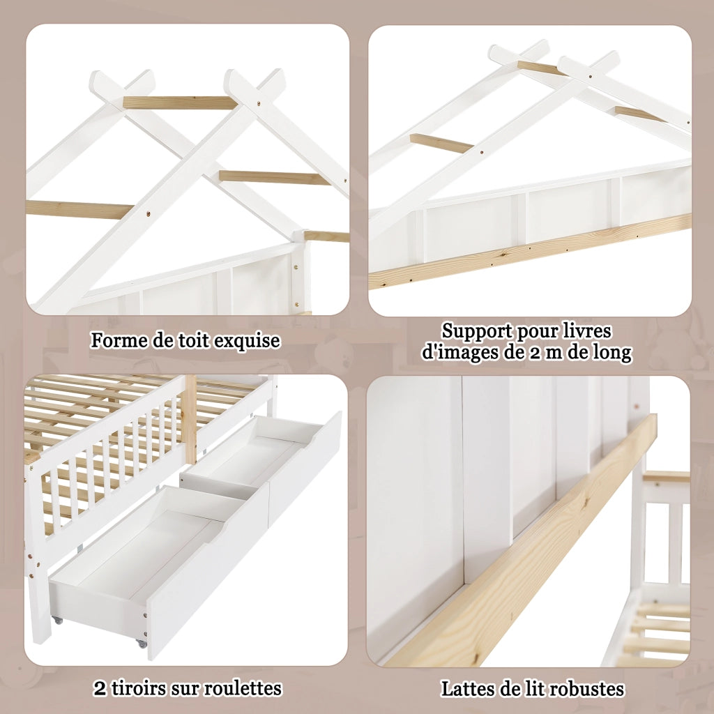 Letto Casetta 140 x 200 cm; Letto Matrimoniale - Sponde; 2 Cassetti - Bianco e Naturale