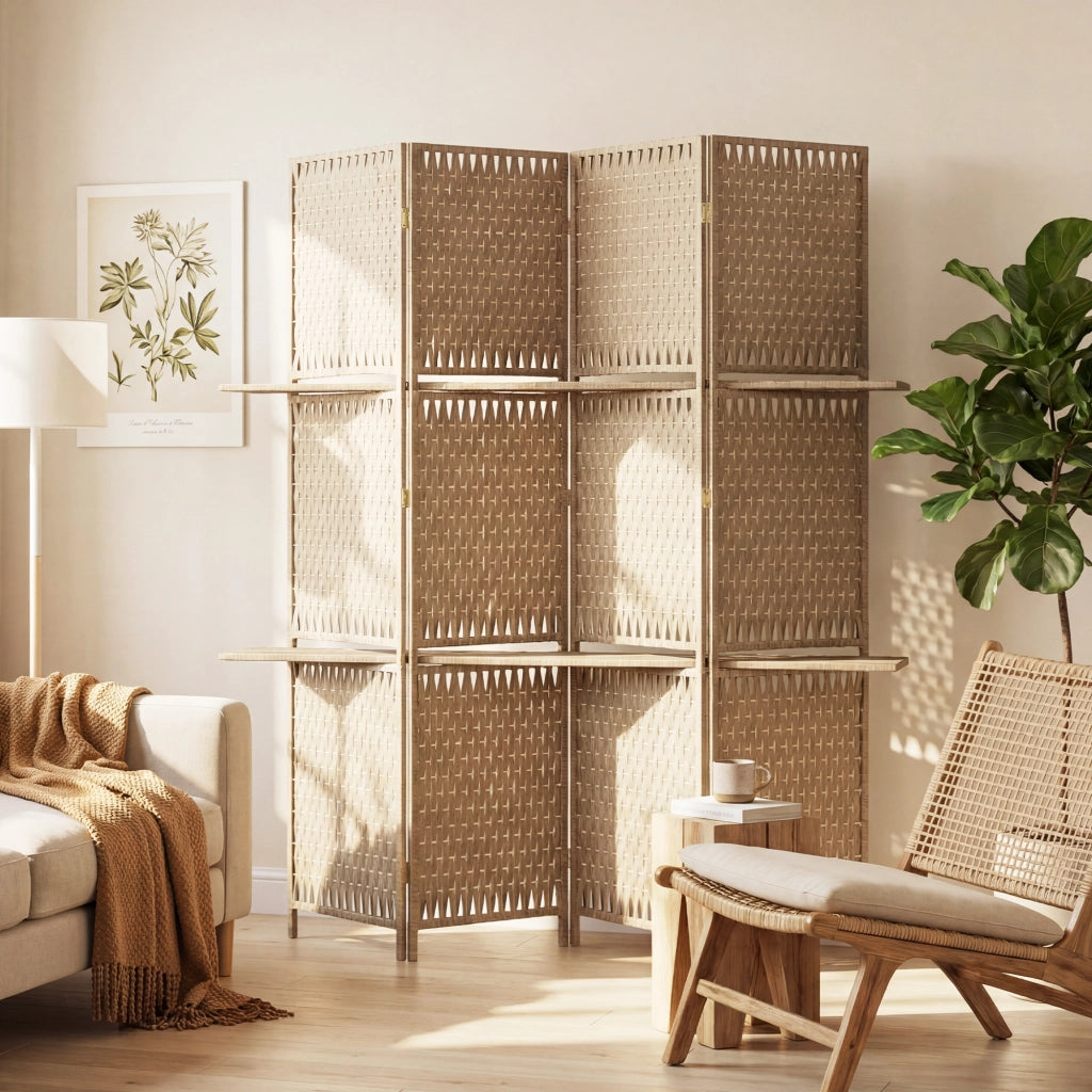 Libreria divisorio ¨C zephmum ¨C 4 pannelli 2 ripiani pieghevoli naturale paglia
