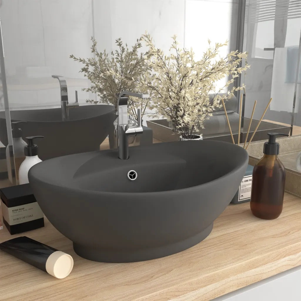Lavabo-Lavandino-Lavello Troppopieno Ovale Grigio Scuro Opaco 58,5x39cm Ceramica