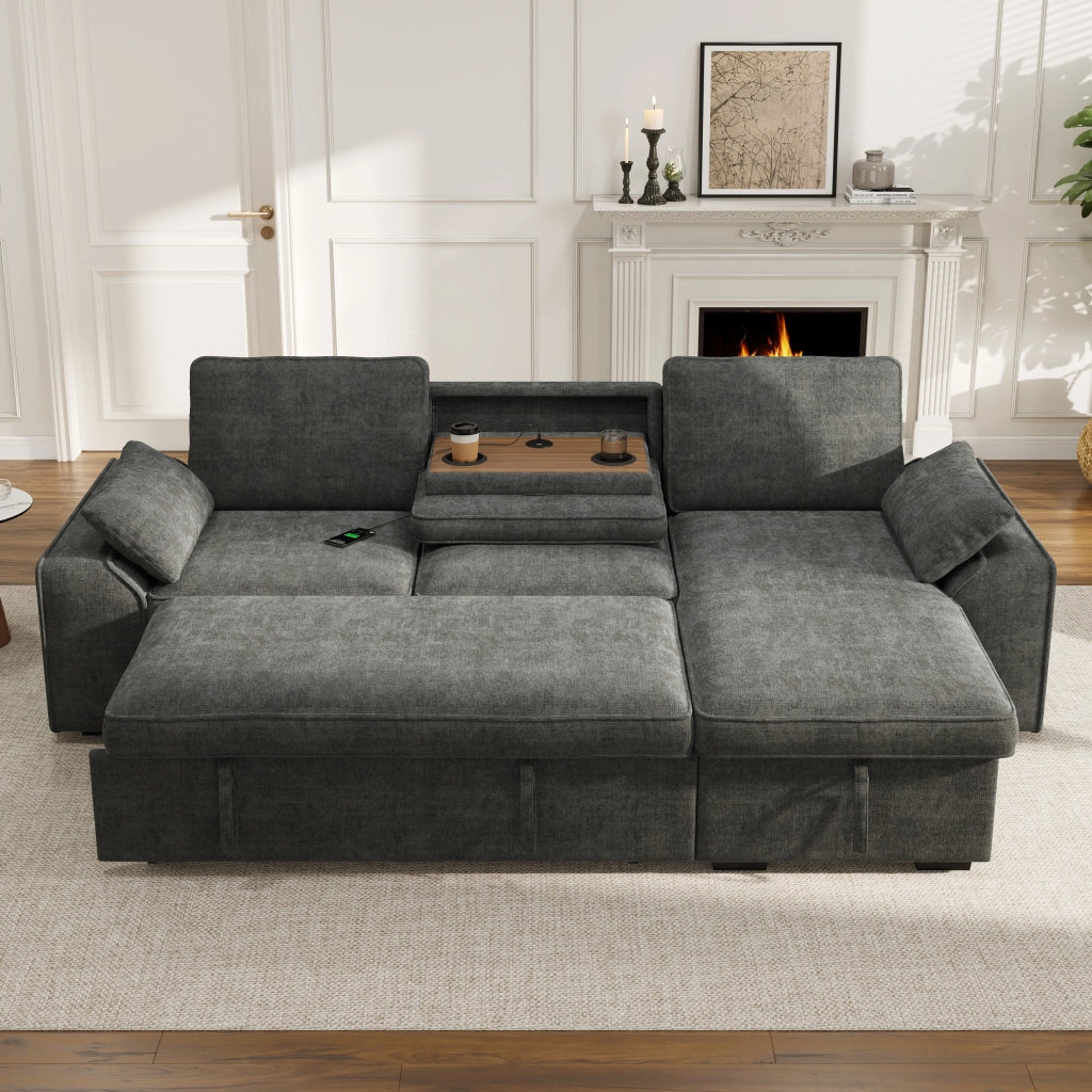 Divano angolare convertibile 3 posti con contenitore; funzione letto e USB in chenille grigio 237×141×86 cm