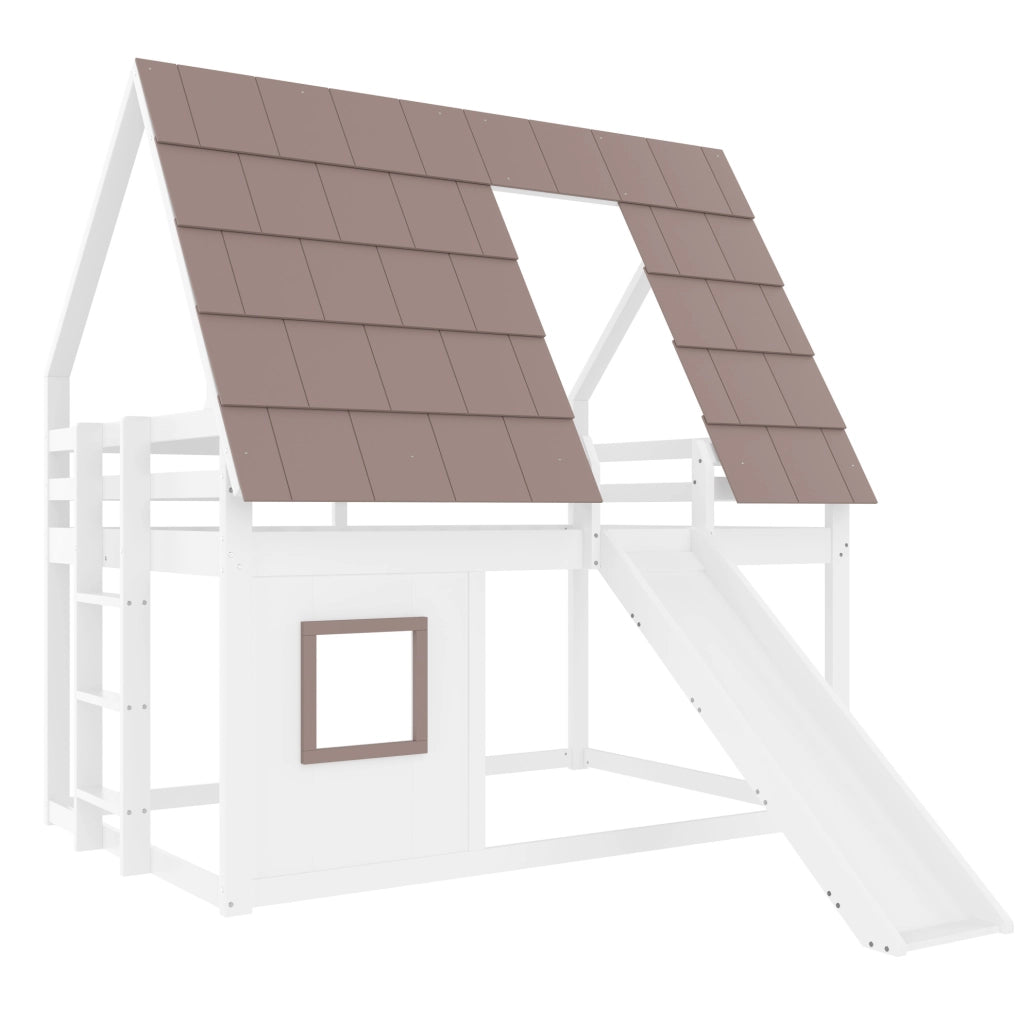Letto a castello in legno a forma di casetta 140x200 cm con scivolo, scala, bianco e marrone