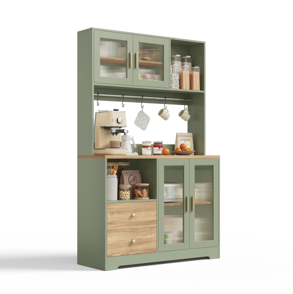 Credenza cucina con LED RGB; prese USB; ante in vetro temperato e ripiani regolabili; verde antico