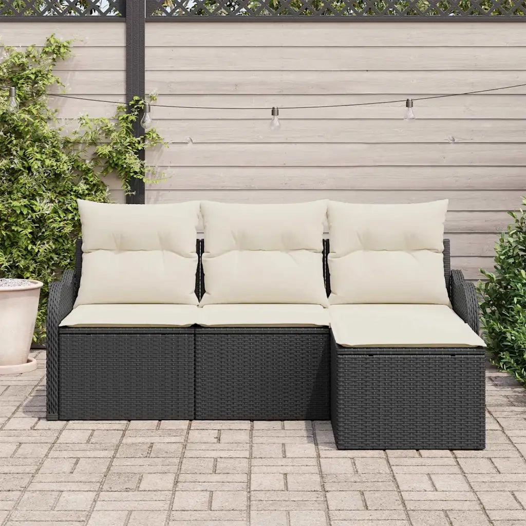 Set Divano da Giardino con cuscino 4 pz | Set Salotto da Giardino Nero Poly Rattan