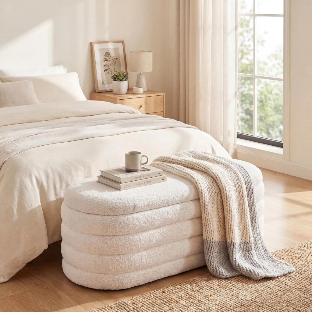 Poggiapiedi Contenitore con Ampio Interno da 108,5 L, Sedia Imbottito per Interno, Sgabello Portaoggetti per Camera da Letto, Soggiorno e Studio, 123,5 X 46 X 42,5 CM, Beige