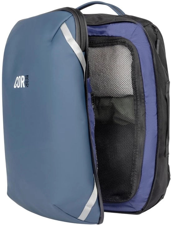 Zak da viaggio per surf, borsa in dimensione di handbagaggio consentita, cerniere idrorepellenti, tasche nascoste, spallacci ergonomici, borsa laptop - L'Island Hopper, 40L, blu marino