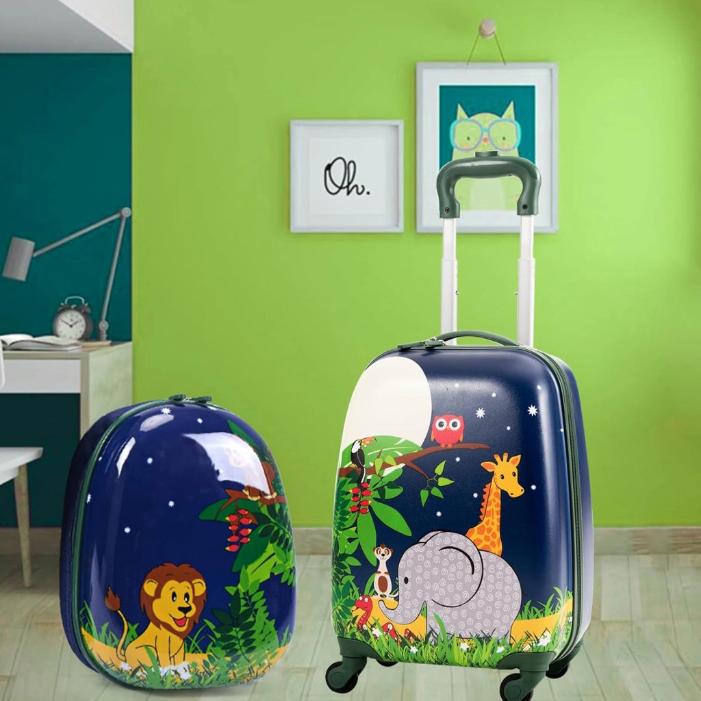 Set di Valigia 16’’ + Zaino 12’’ per Bambini 2 Pezzi, Bagagli 2-in-1 con Zainetto da Viaggio Aereo, Trolley con Maniglia Telescopica e 4 Ruote a 360° (Blu Jungla)