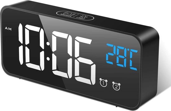Alarme digitale con display LED, caricabile e comandato da voce, due allarmi, 13 suoni, silenzioso, regolabile volume e luminosità