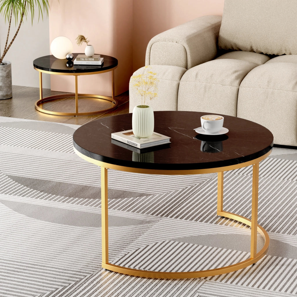 Set di 2 tavolini da salotto impilabili 80x80 cm e 60x60 cm nero e oro effetto marmo