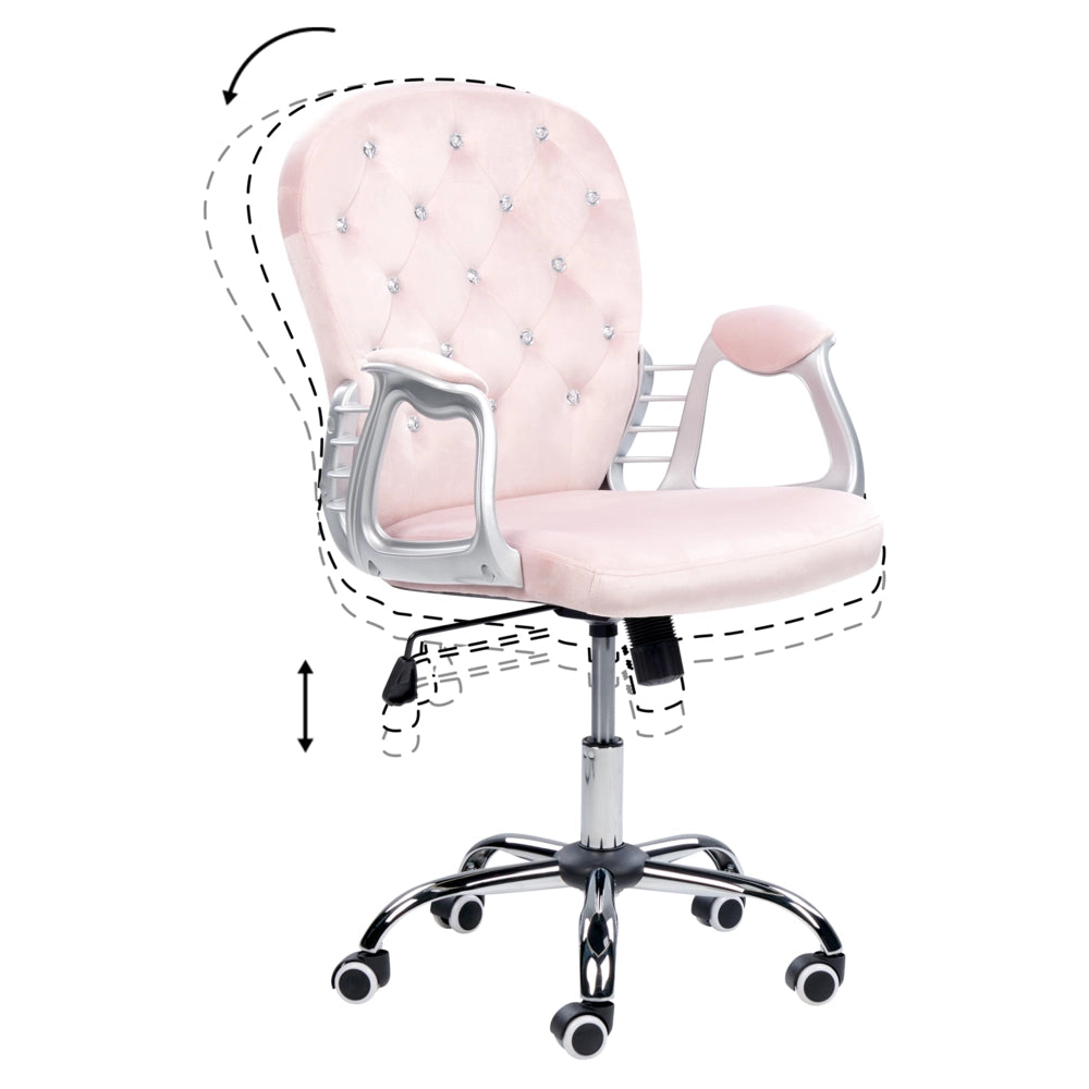 Sedia da ufficio in velluto rosa con cristalli e altezza regolabile e schienale trapuntato stile retrò moderno