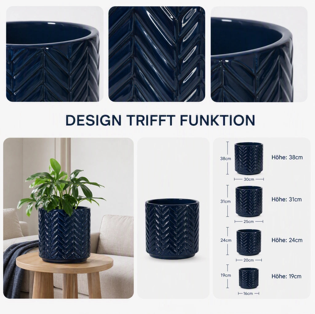 VASI in Ceramica Ø20-38 cm Blu Navy con Foro di Drenaggio, Set da 4 pezzi