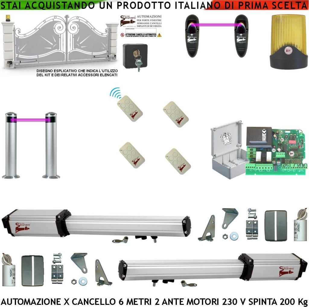 Automatismo Cancello 6 Metri 2 Ante Kit Motori Elettromeccanici 230 V Sblocco Corsa 500mm Spinta 2 Q.tali Centrale 2 Coppie di Fotocellule 2 Paline 4 Radiocomandi Faro Selettore 2 Ck Cartello Monitore