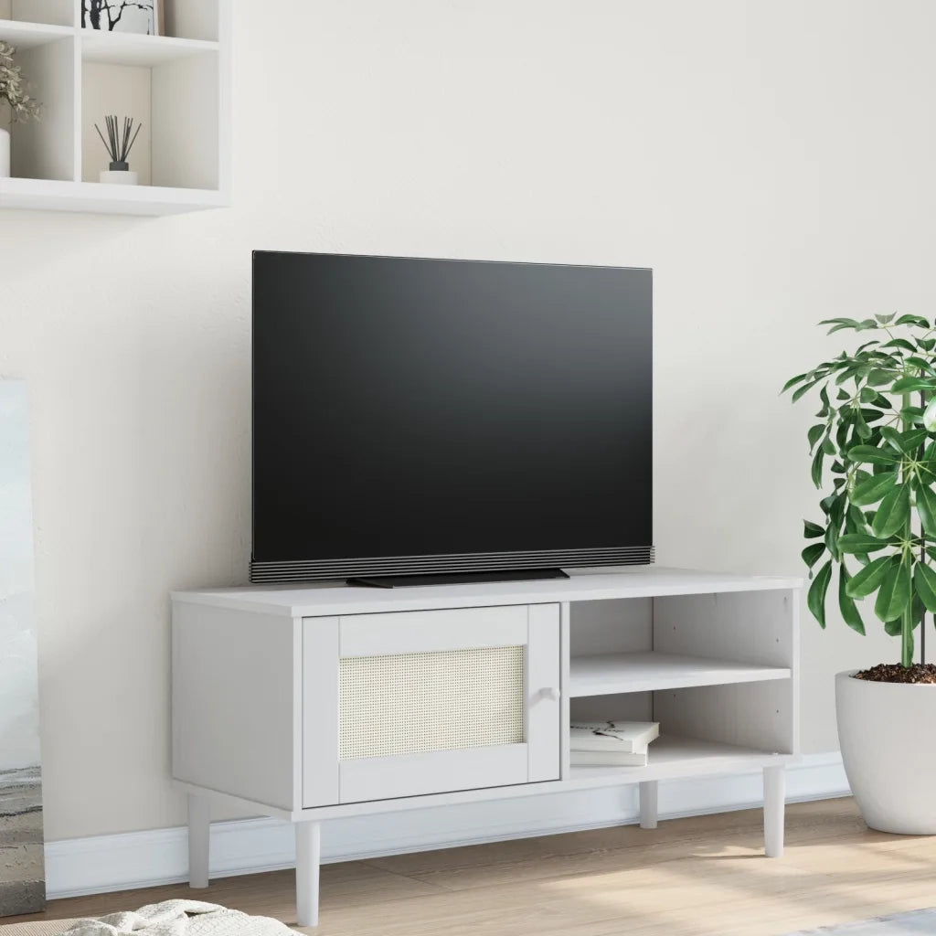 Mobile TV-Credenza per TV-Console TV SENJA Aspetto Rattan Bianco 106x40x49 Massello Pino